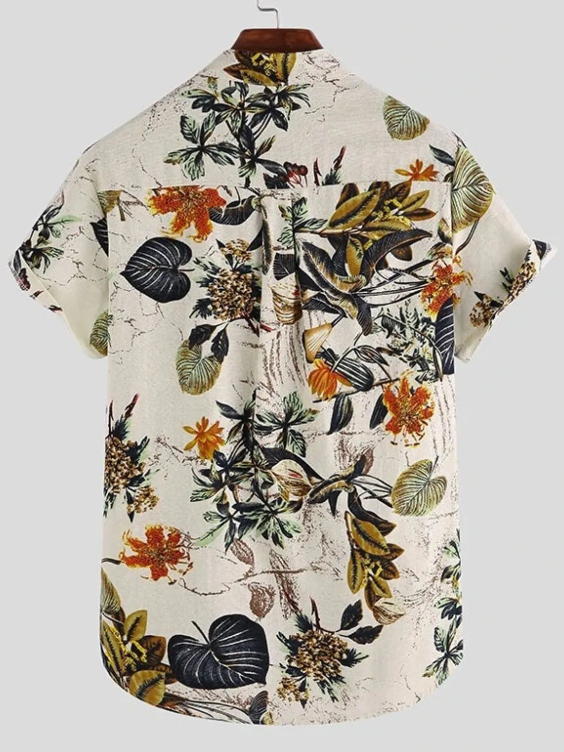 Men's short sleeve button-up shirt with multicolor floral and leaf print, back view