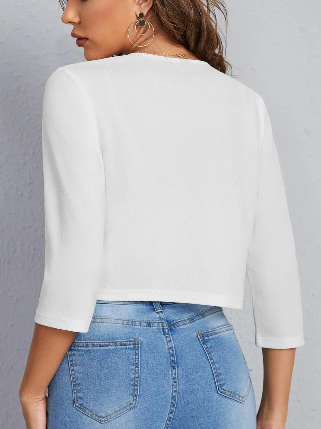 White open-front 3/4 sleeve blazer back view, three-quarter sleeves