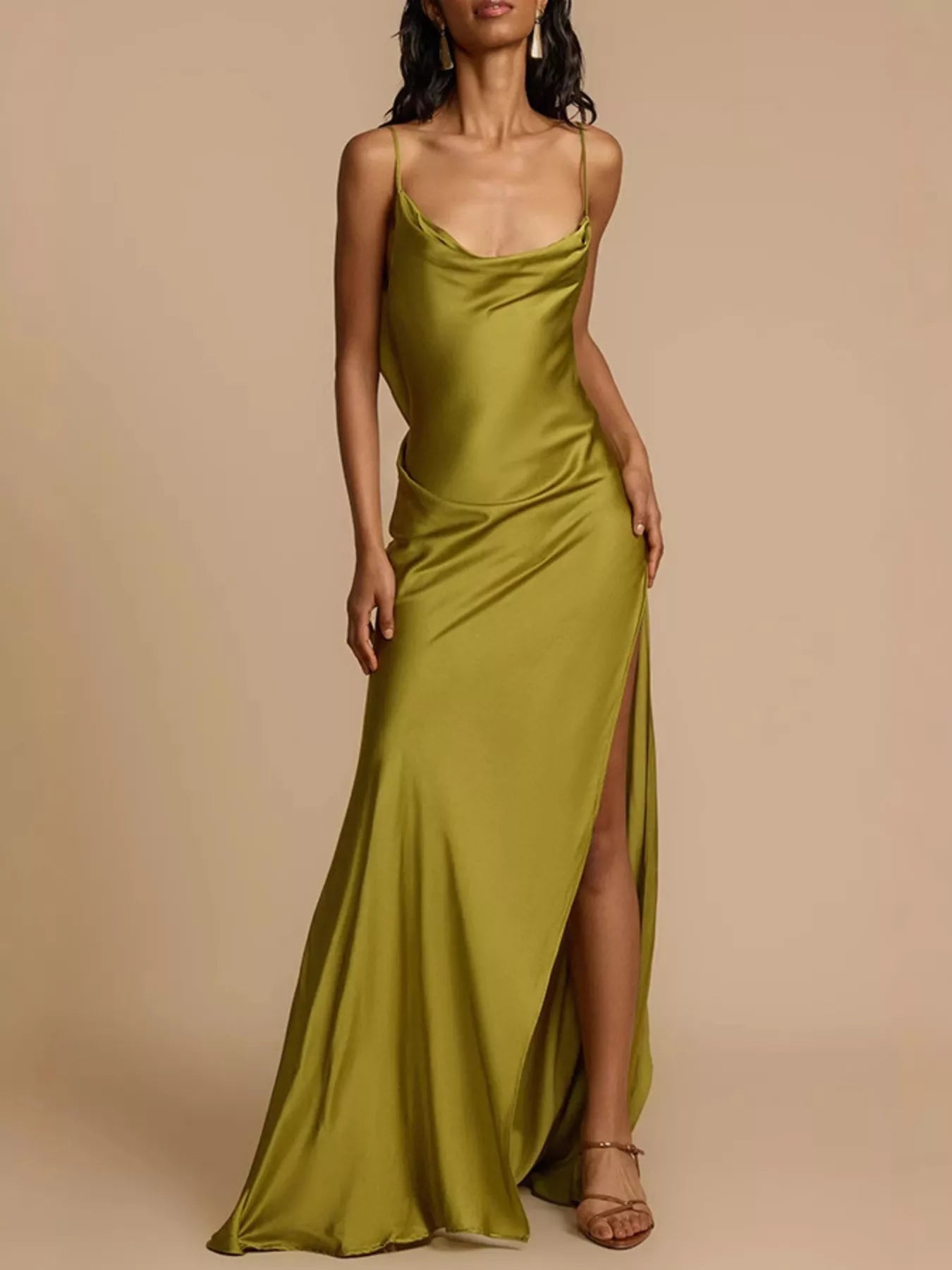 Cedar & Moore Satin cowl neck slit maxi dress in olive green by Trendsi