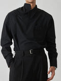 Black asymmetrical long sleeve shirt with mandarin collar and chest pocket, button front