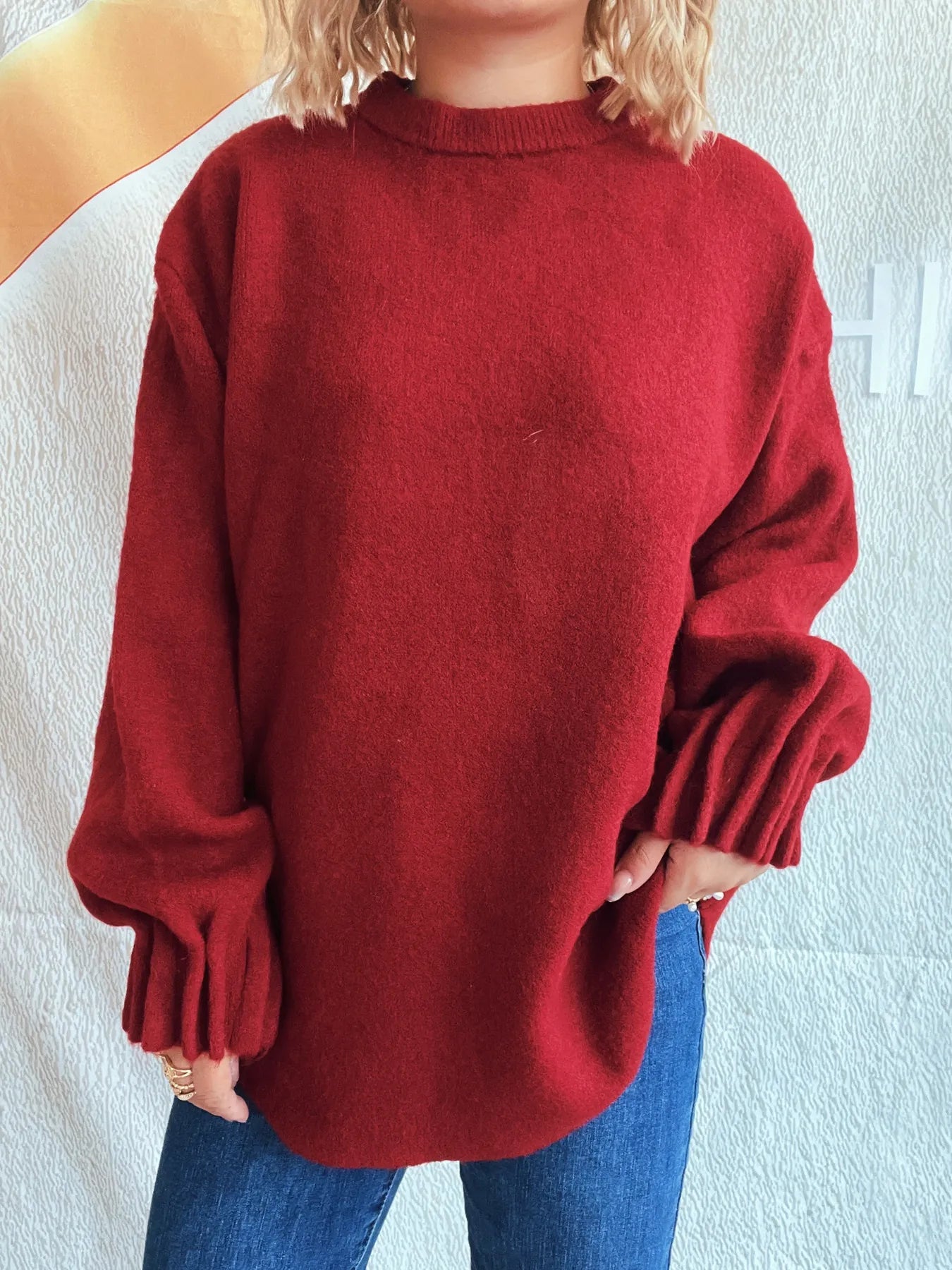 Dropped-shoulder sweater, red, round neckline, long sleeves, ribbed hem