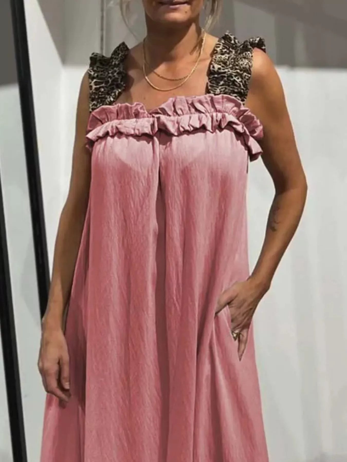 Full Size Ruffled Strap Flowy Maxi Dress Plus Size pink with leopard-print straps by Trendsi