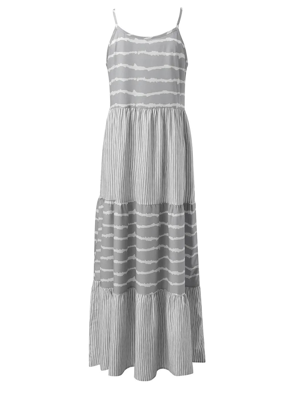 Light gray striped sleeveless tiered cami dress with gathered waist and tiered maxi skirt
