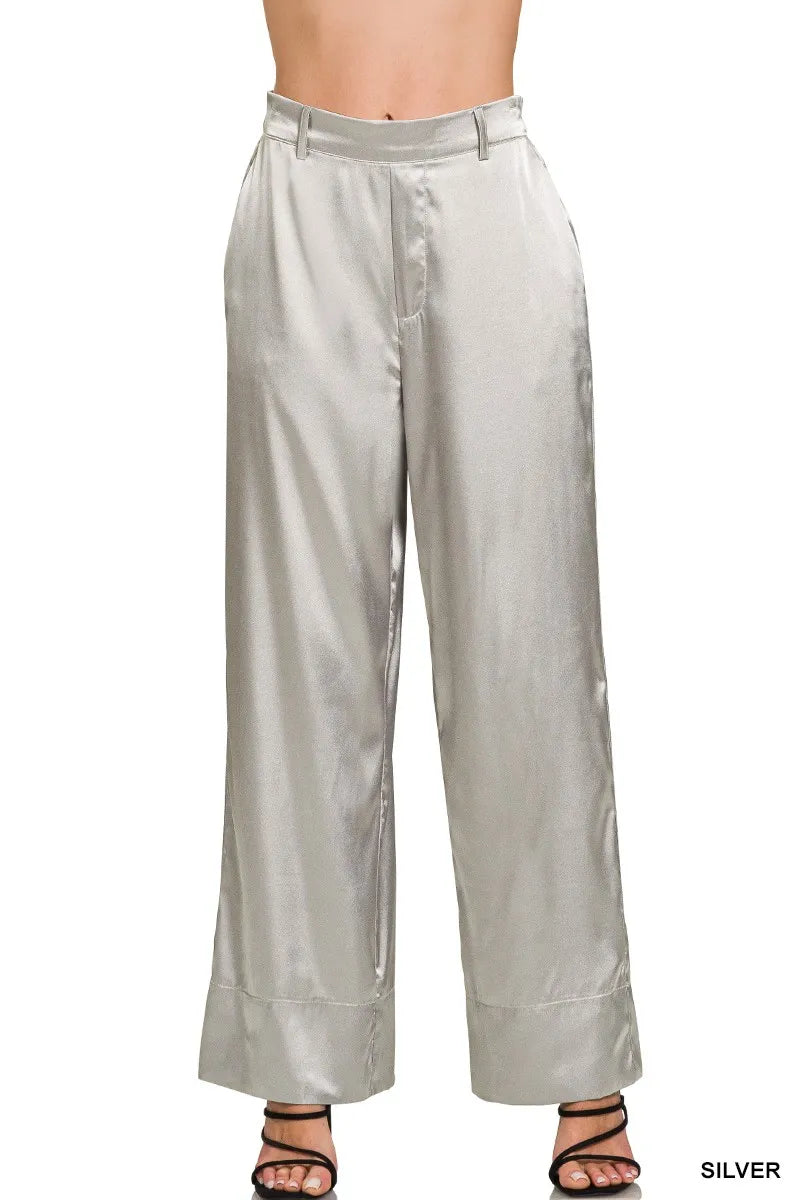 Silver satin wide-leg pants with elastic waist and side pockets