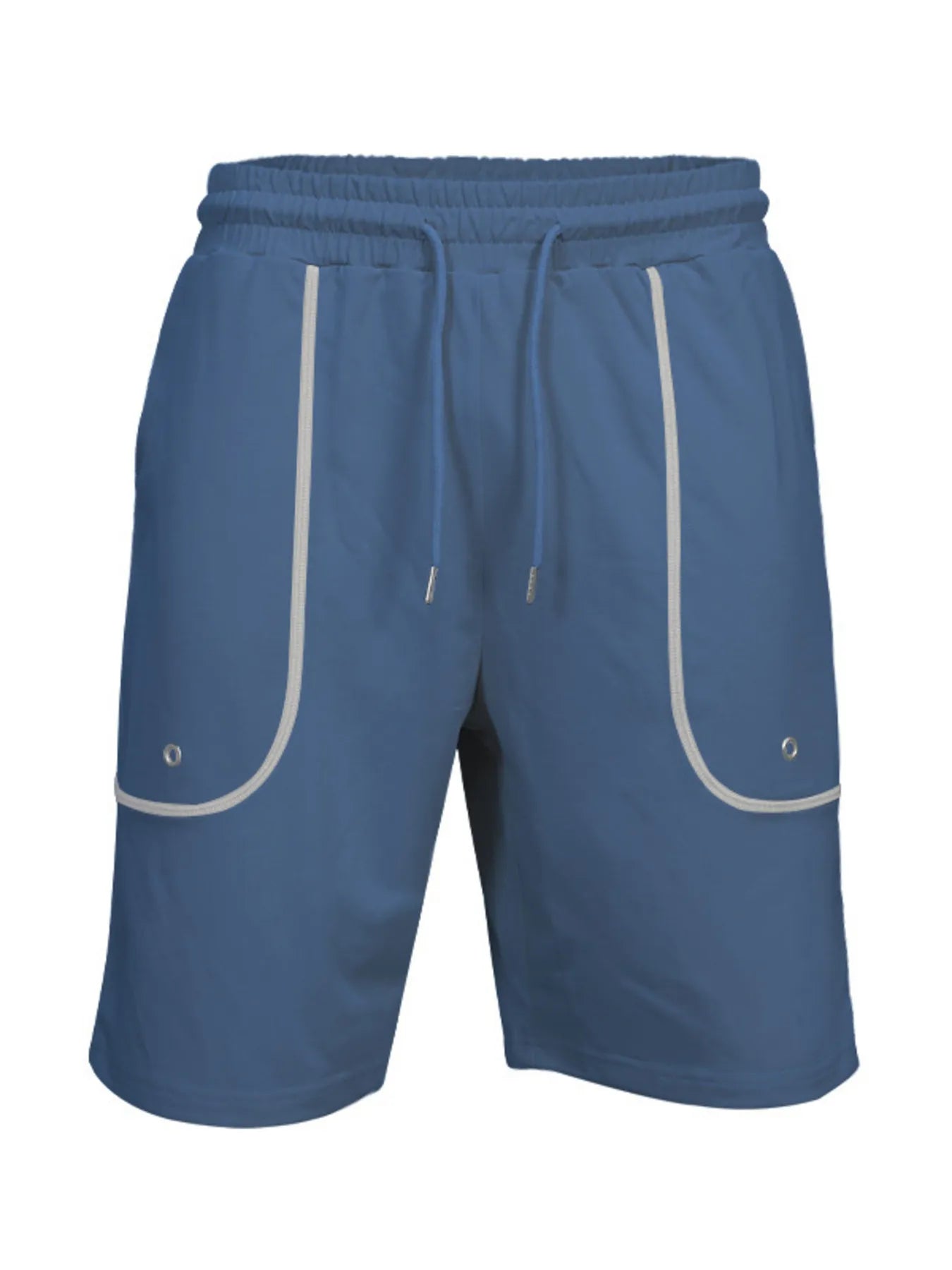 Navy blue drawstring shorts with side pockets and elastic waistband