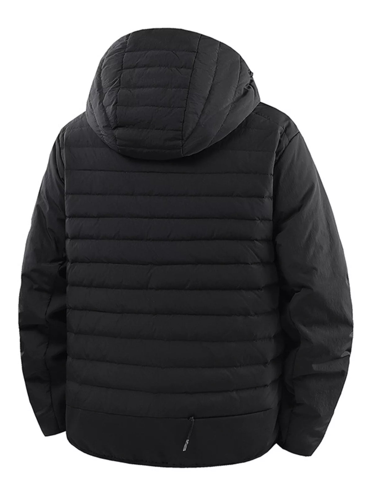 Men's black hooded quilted puffer jacket with full-zip and adjustable hem