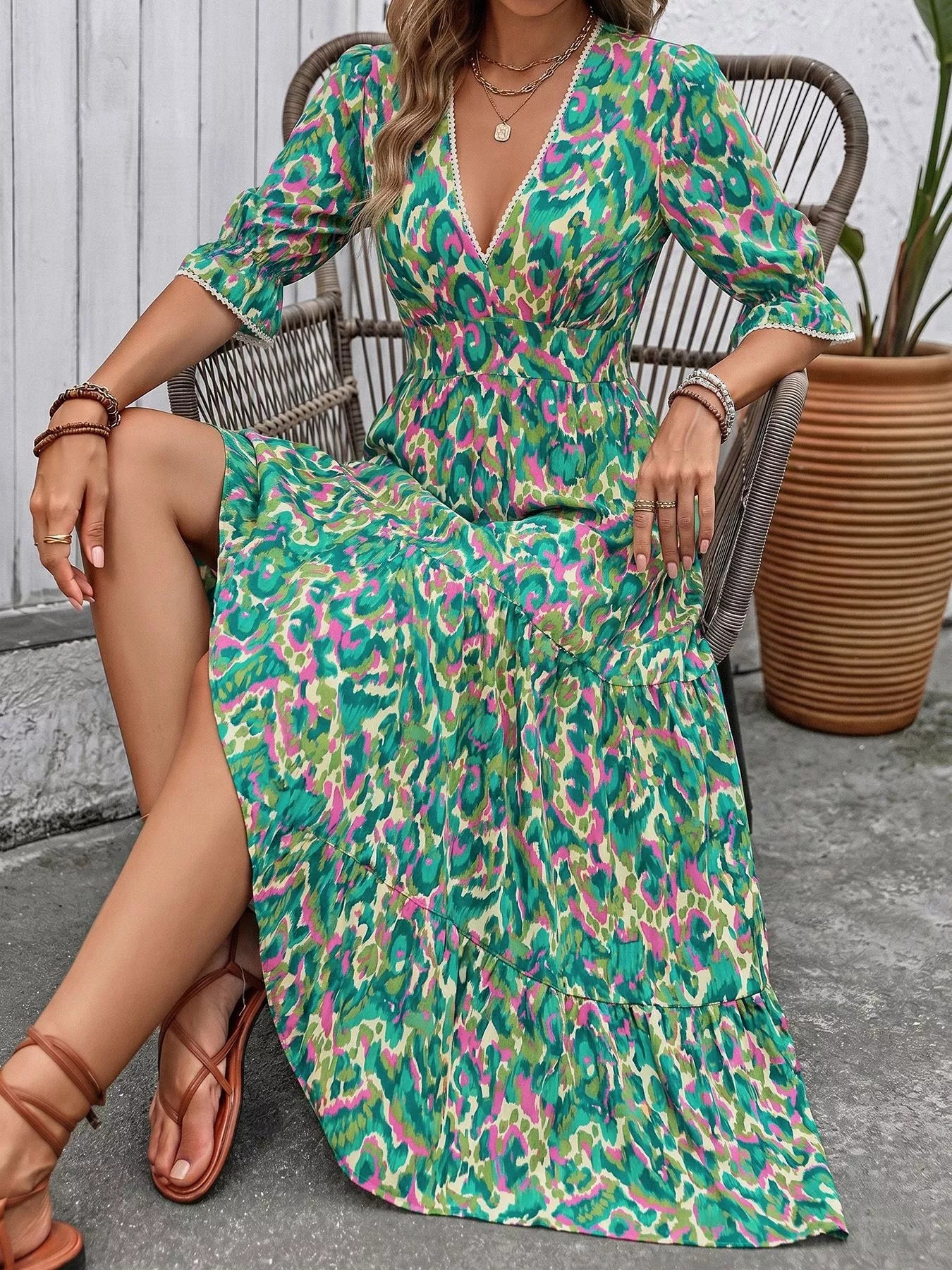 Cedar & Moore Printed V-Neck Flounce Sleeve Maxi Dress in green multicolor abstract print