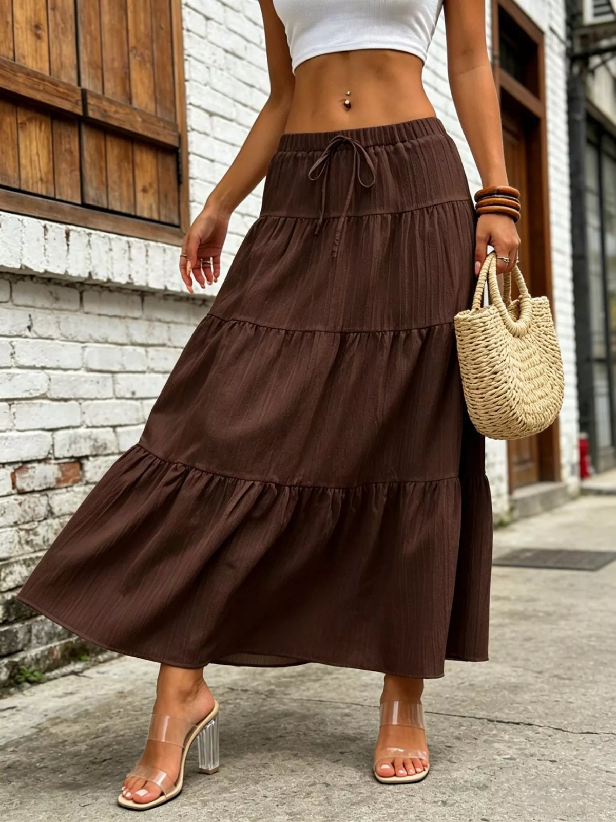 Brown tiered maxi skirt with elastic ruched waist and drawstring tie