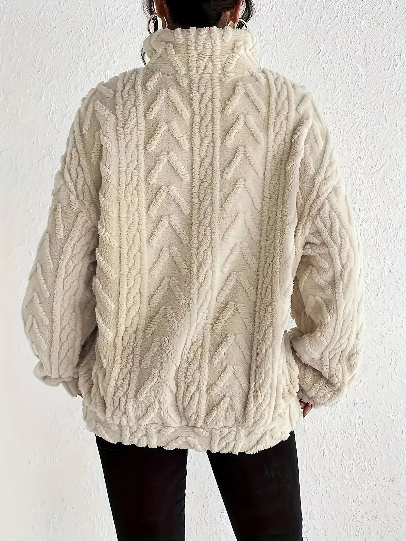 Sherpa quarter-zip sweatshirt, off-white cable knit texture, back view