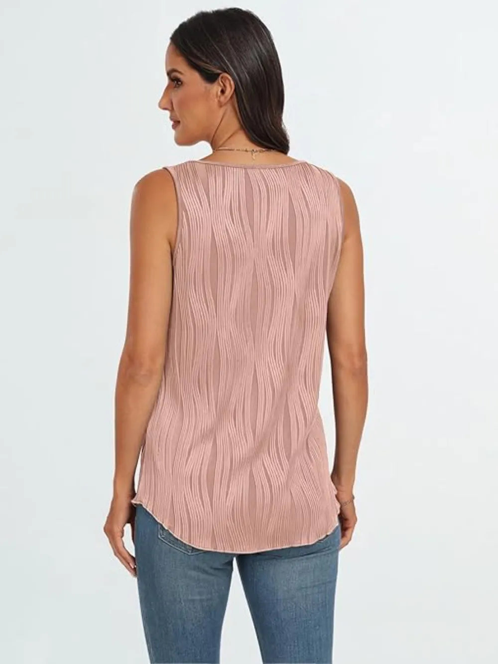 Dusty pink back view wide-strap tank with round neckline and vertical textured stripe detail