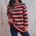 Striped long sleeve sweater, rose and black knit, round neckline and cuffed sleeves