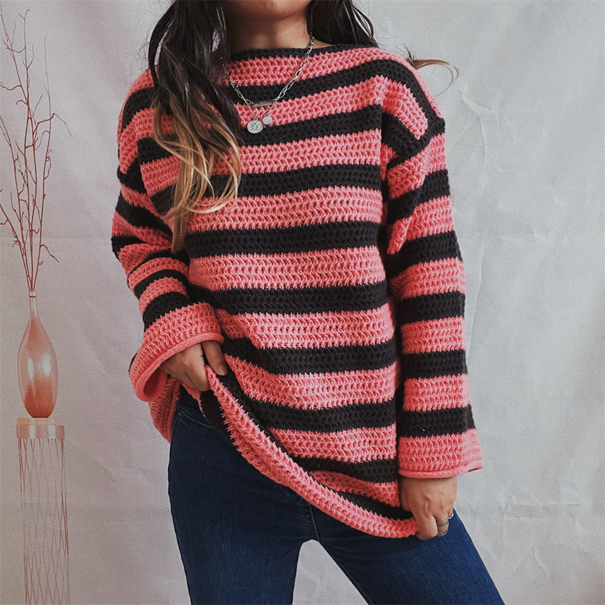 Striped long sleeve sweater, rose and black knit, round neckline and cuffed sleeves