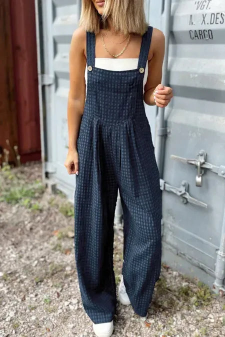 Dark blue plaid wide-leg overalls with adjustable shoulder straps