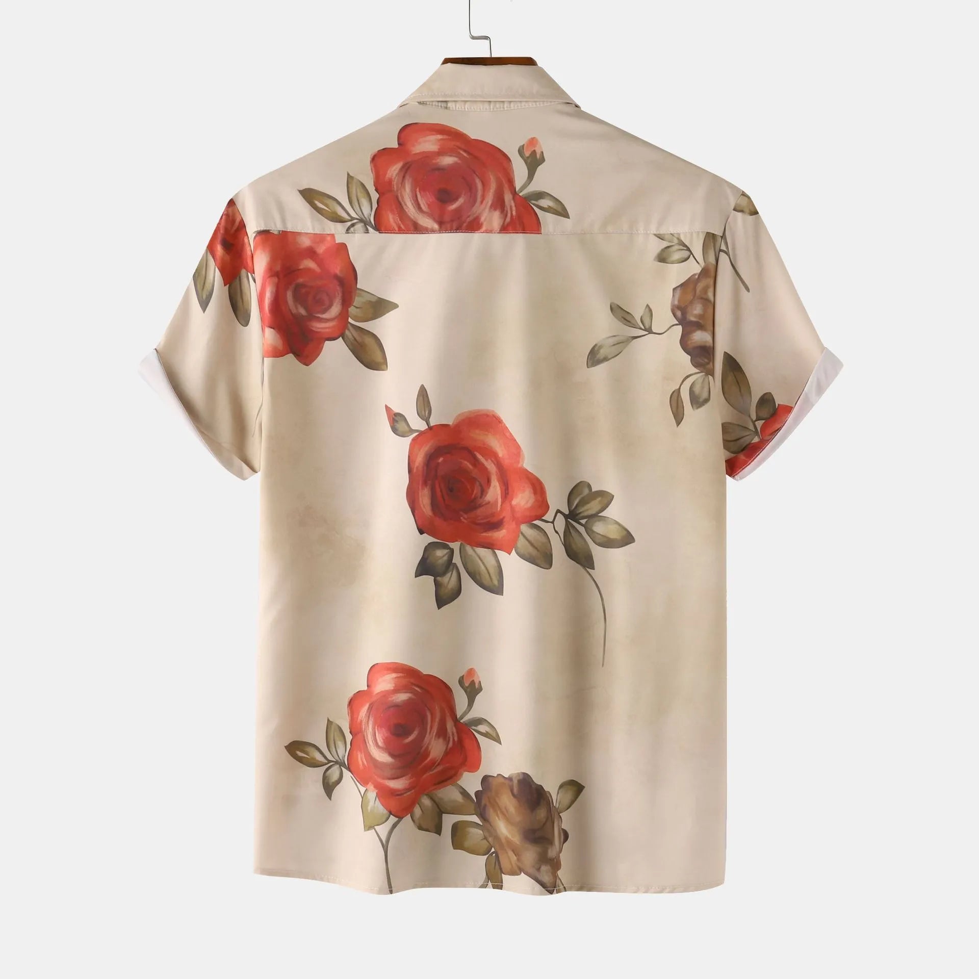 Men’s printed short-sleeve button-up shirt in light khaki with back view rose and leaf print.