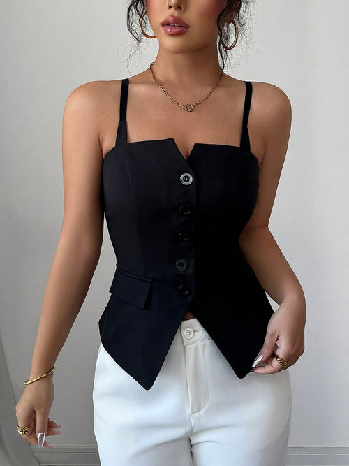 Black fitted cami with button-front vest overlay and wide shoulder straps