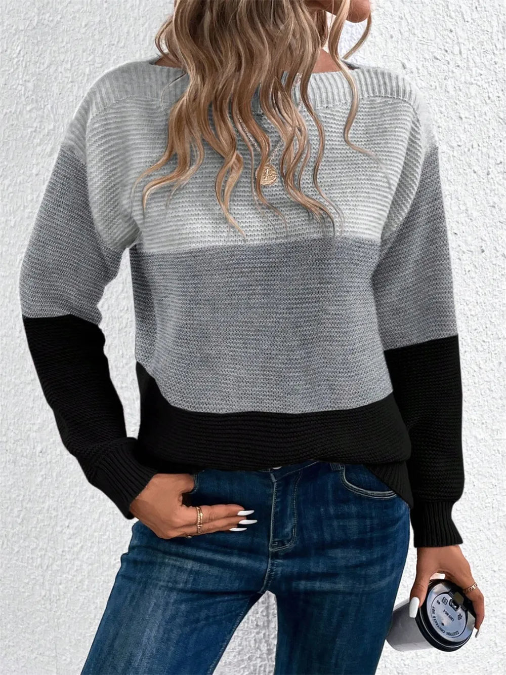 Women’s color block sweater back with cream top, gray middle, and black lower band
