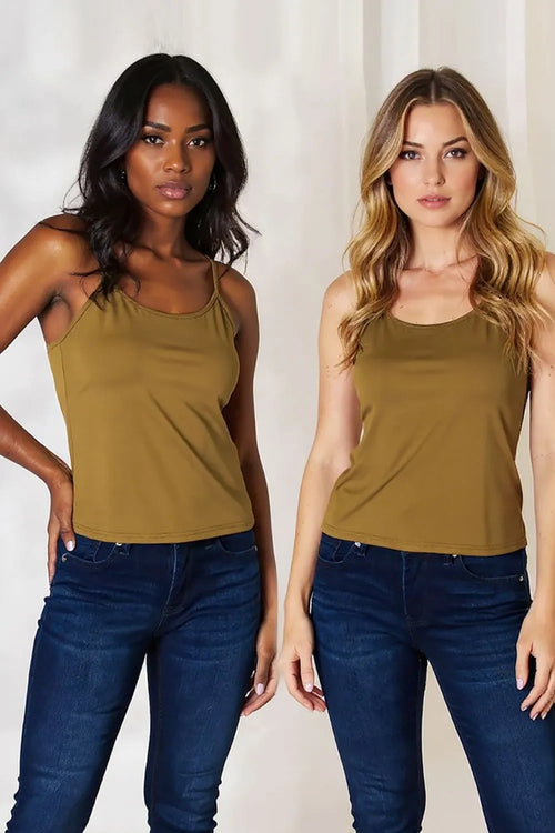 Slim round-neck cami top with spaghetti straps, olive-brown color, sleeveless, plus size
