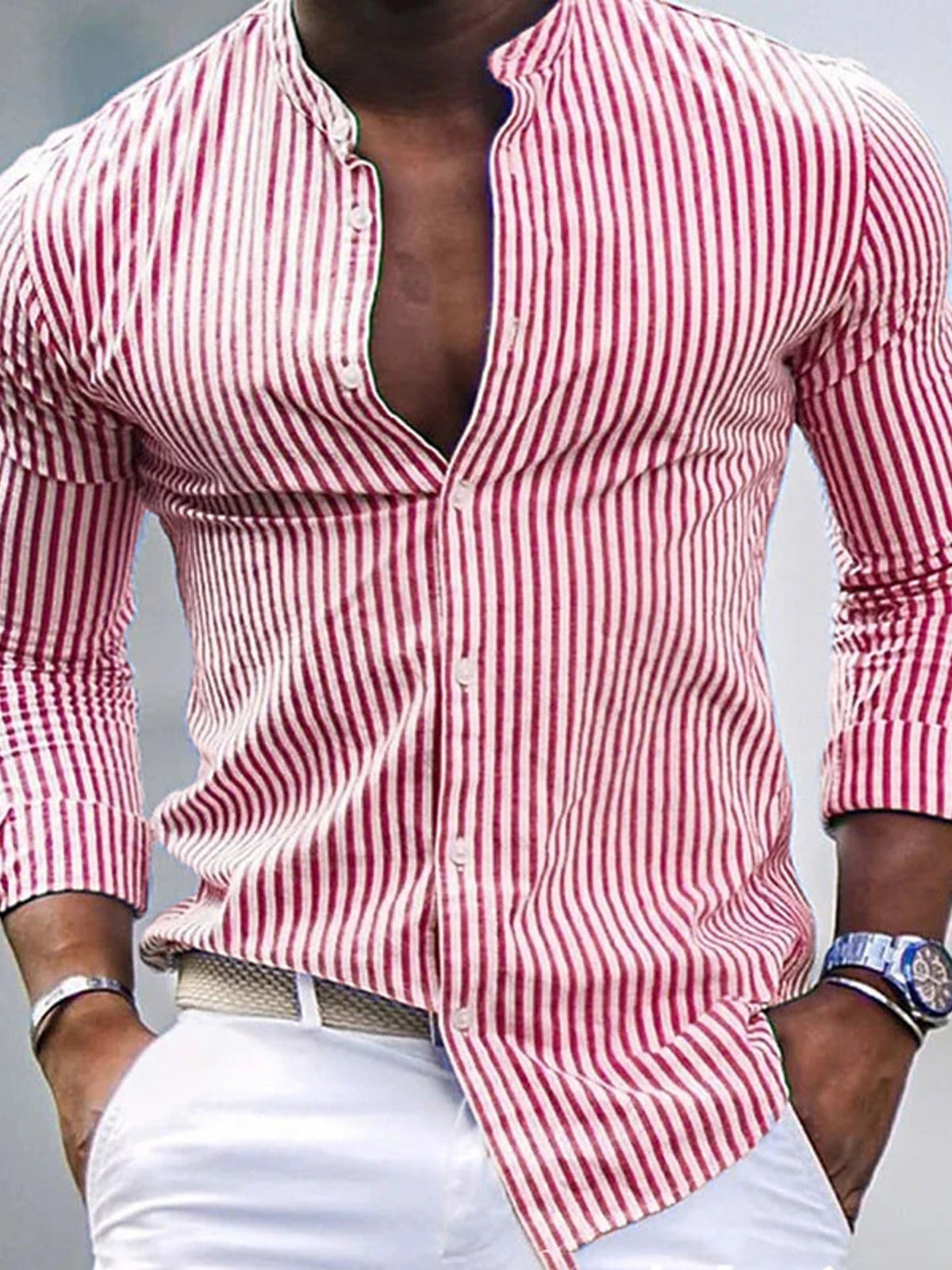 Men's striped slim-fit button-up cotton shirt, red-and-white vertical stripes