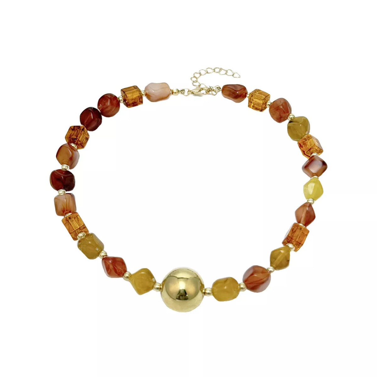 Beaded statement necklace with round gold center charm, multicolor amber beads, chain detail