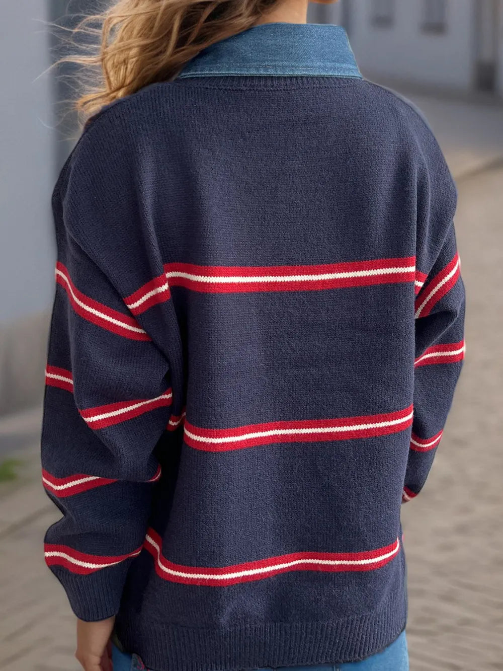 Dark blue round-neck long-sleeve sweater with red and white horizontal stripe bands