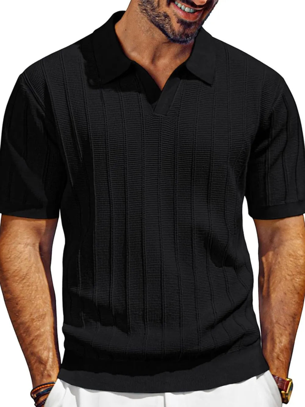 Men's textured polo shirt with collared neck, short sleeves, black