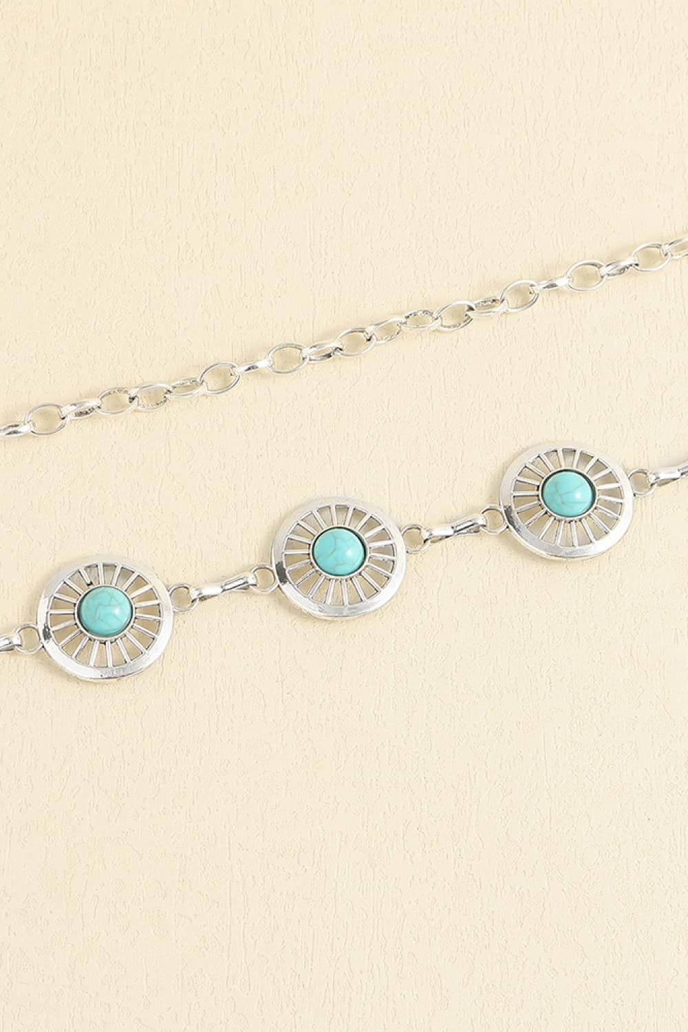 Turquoise disk charm belt section with silver chain and round link accents