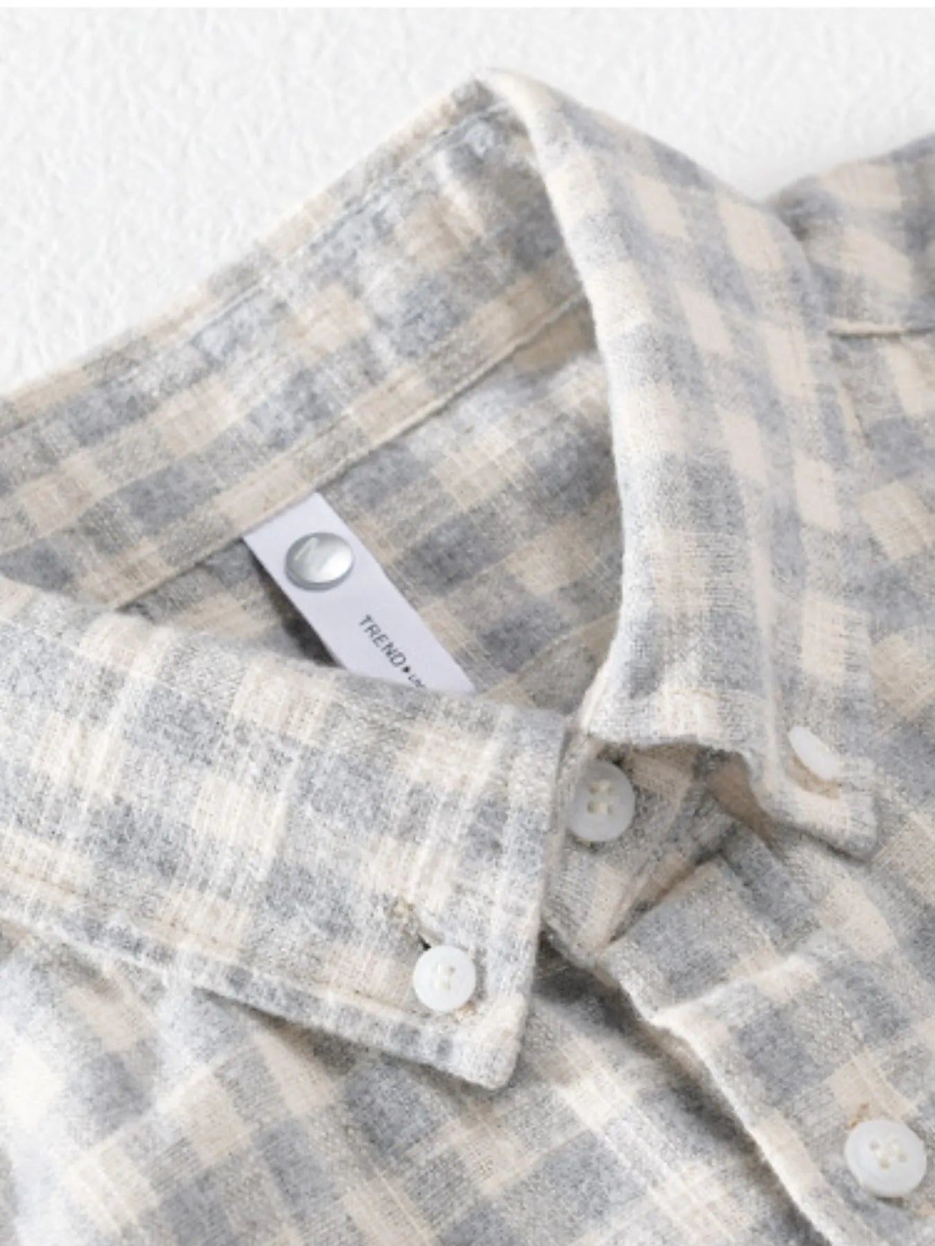 Gingham button-up shirt, light gray and white check, collar and button placket