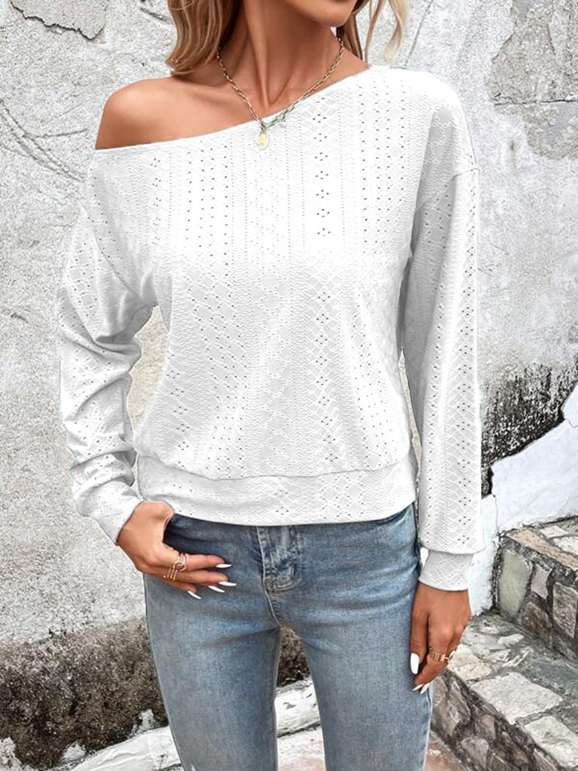 White eyelet one-shoulder dropped-shoulder blouse with long sleeves