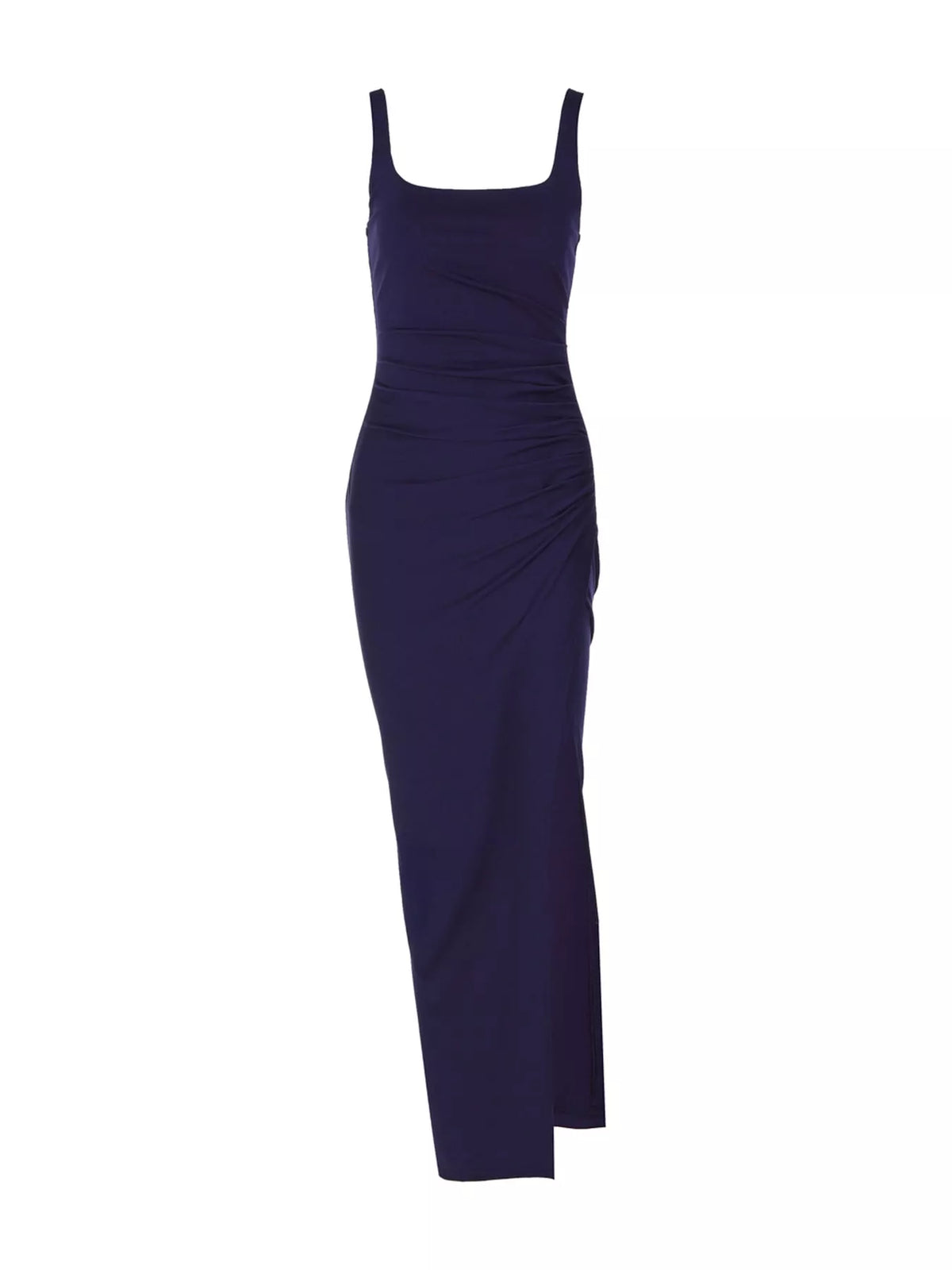 Ruched backless evening maxi dress with square neckline and fitted midi-to-maxi length, navy