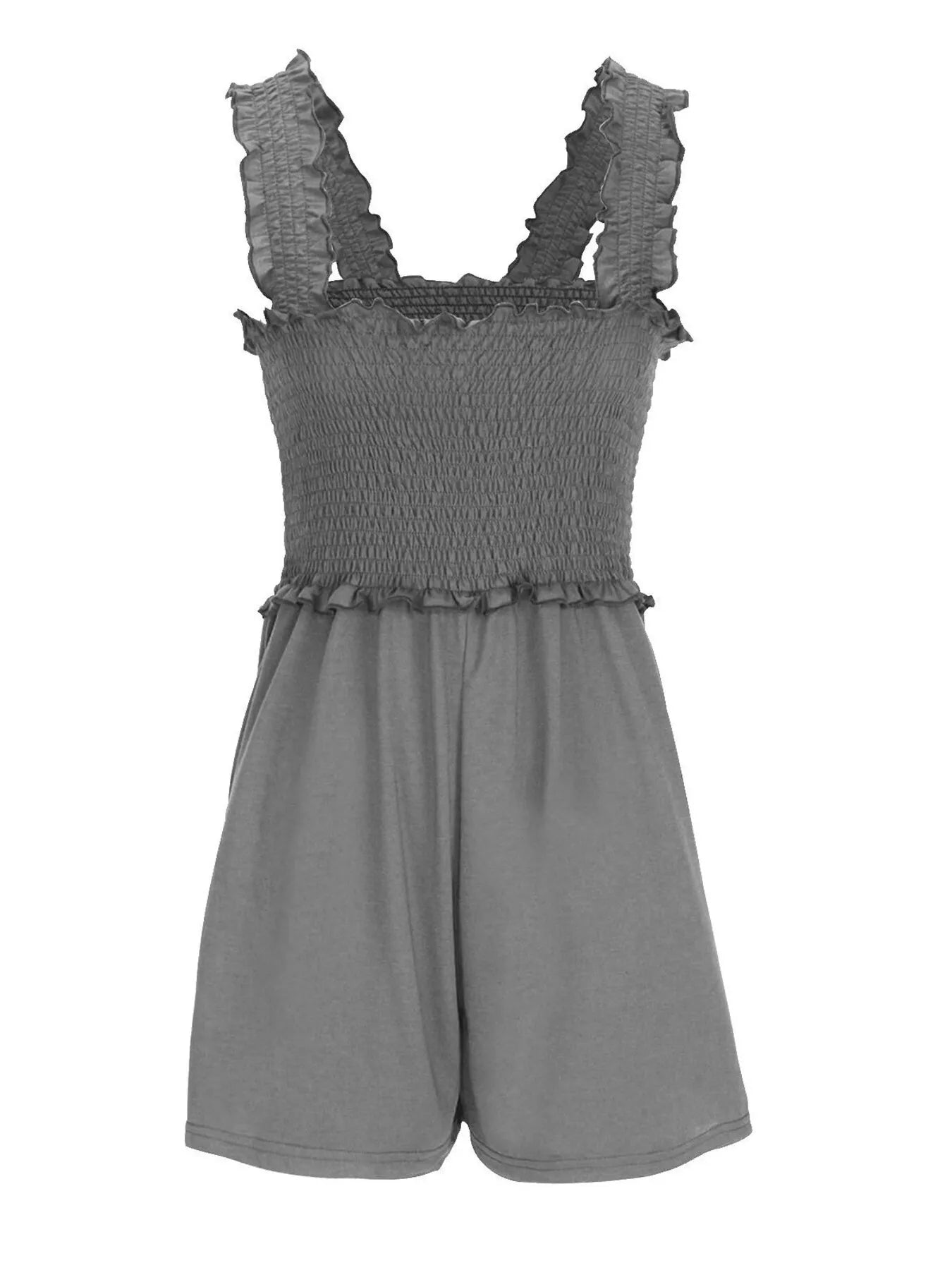 Dark gray smocked square-neck romper with ruffled straps and shorts silhouette