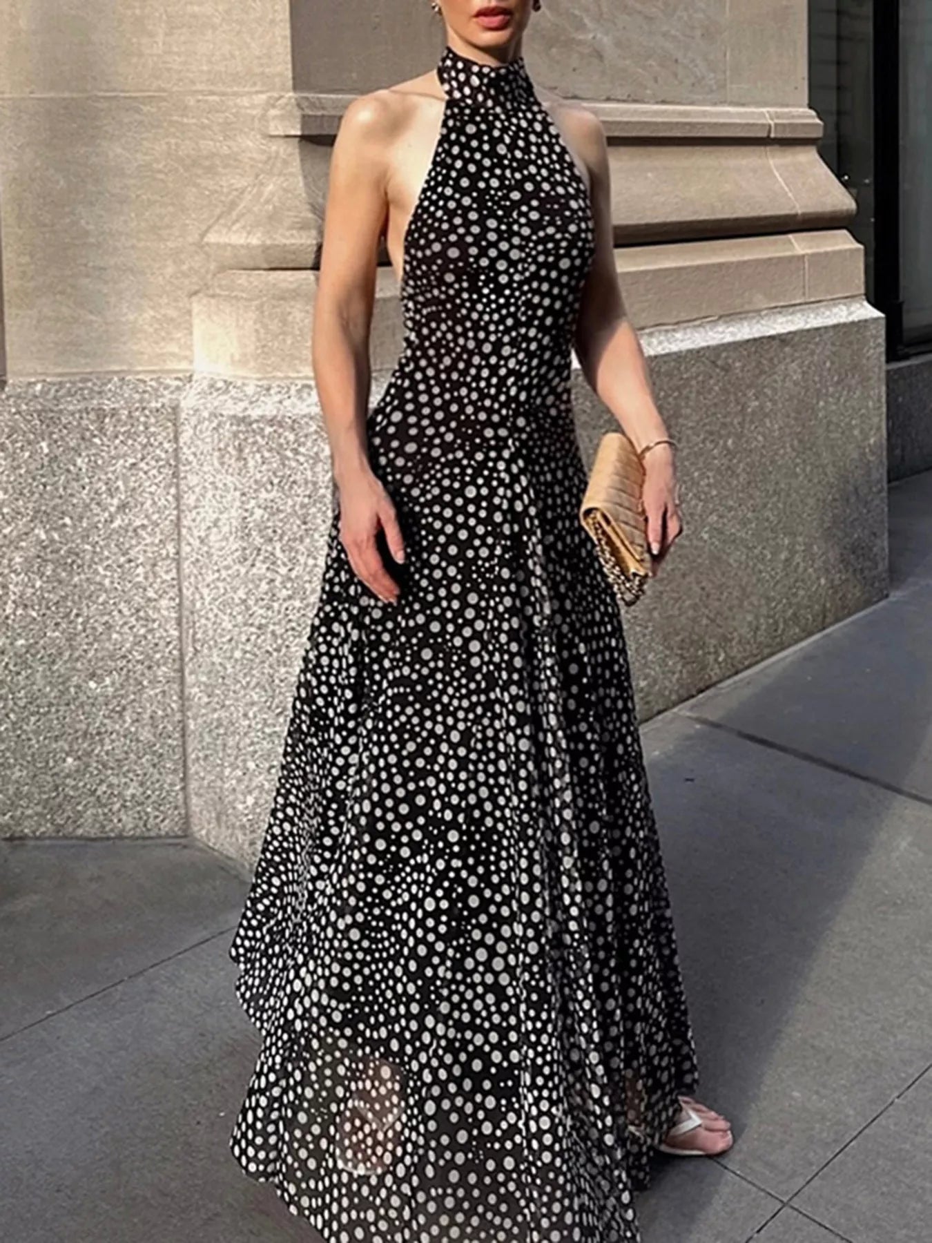 Cedar & Moore Halter Neck Polka Dot Maxi Dress, black with white dots, long flowing silhouette