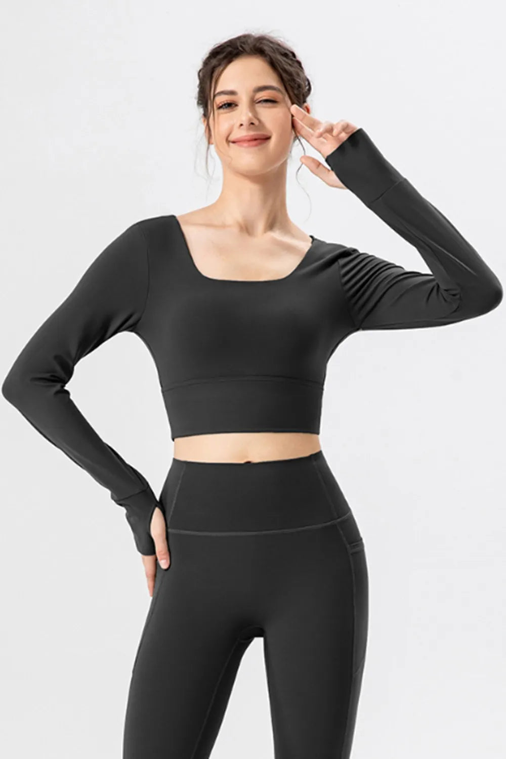 Black long-sleeve active crop T-shirt with wide square neckline