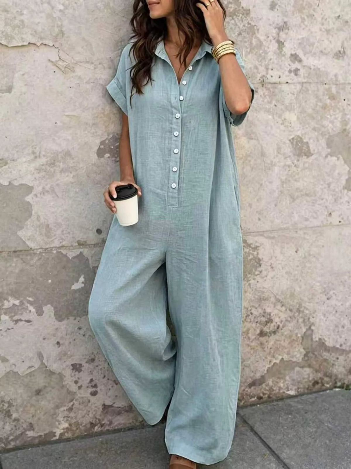 Light blue button-front short-sleeve jumpsuit, V-neck with front buttons