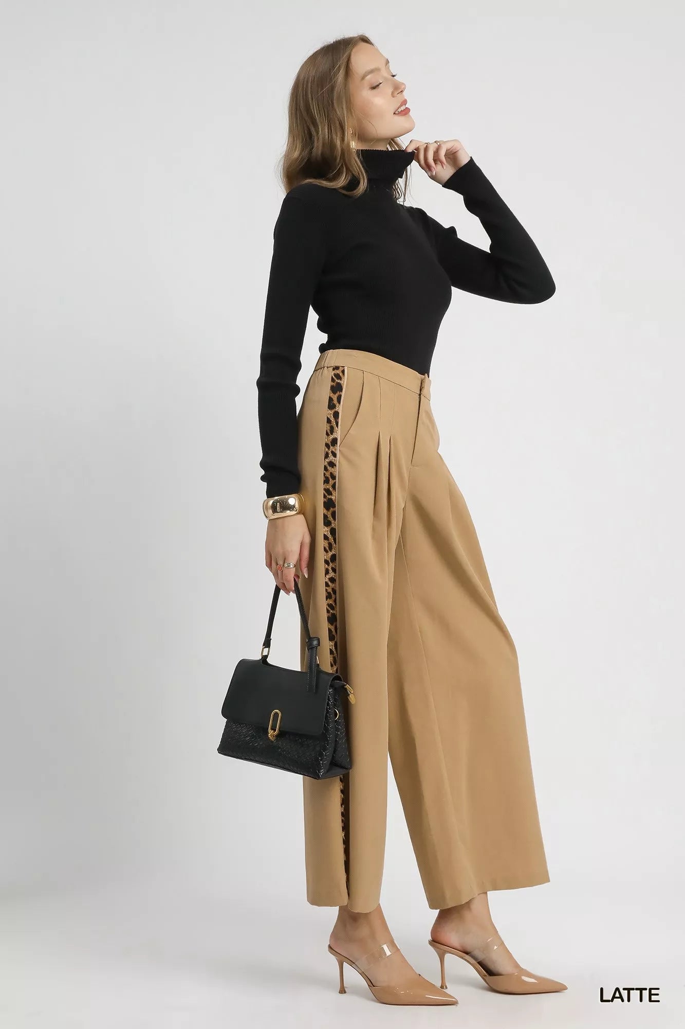 Latte wide-leg pants with elastic waist and leopard contrast side trim, ankle length