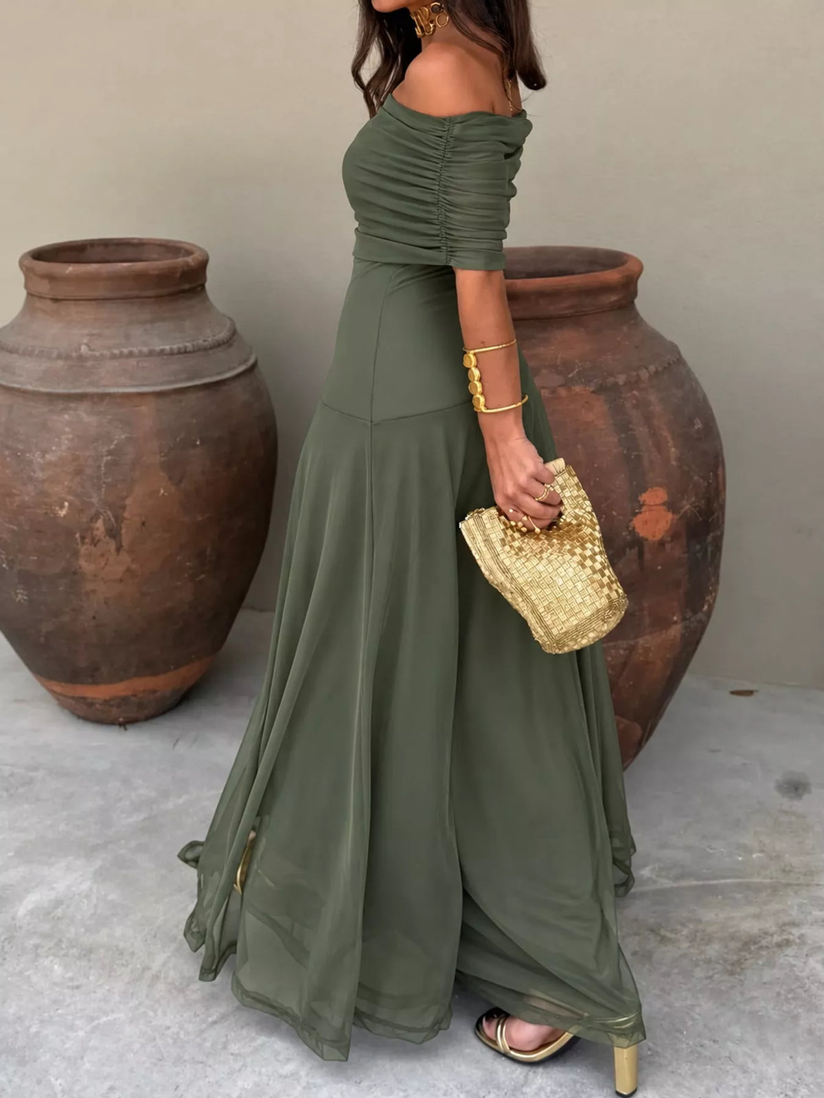 Army green off-shoulder ruched sheer mesh maxi dress with gathered waist and long flow hem
