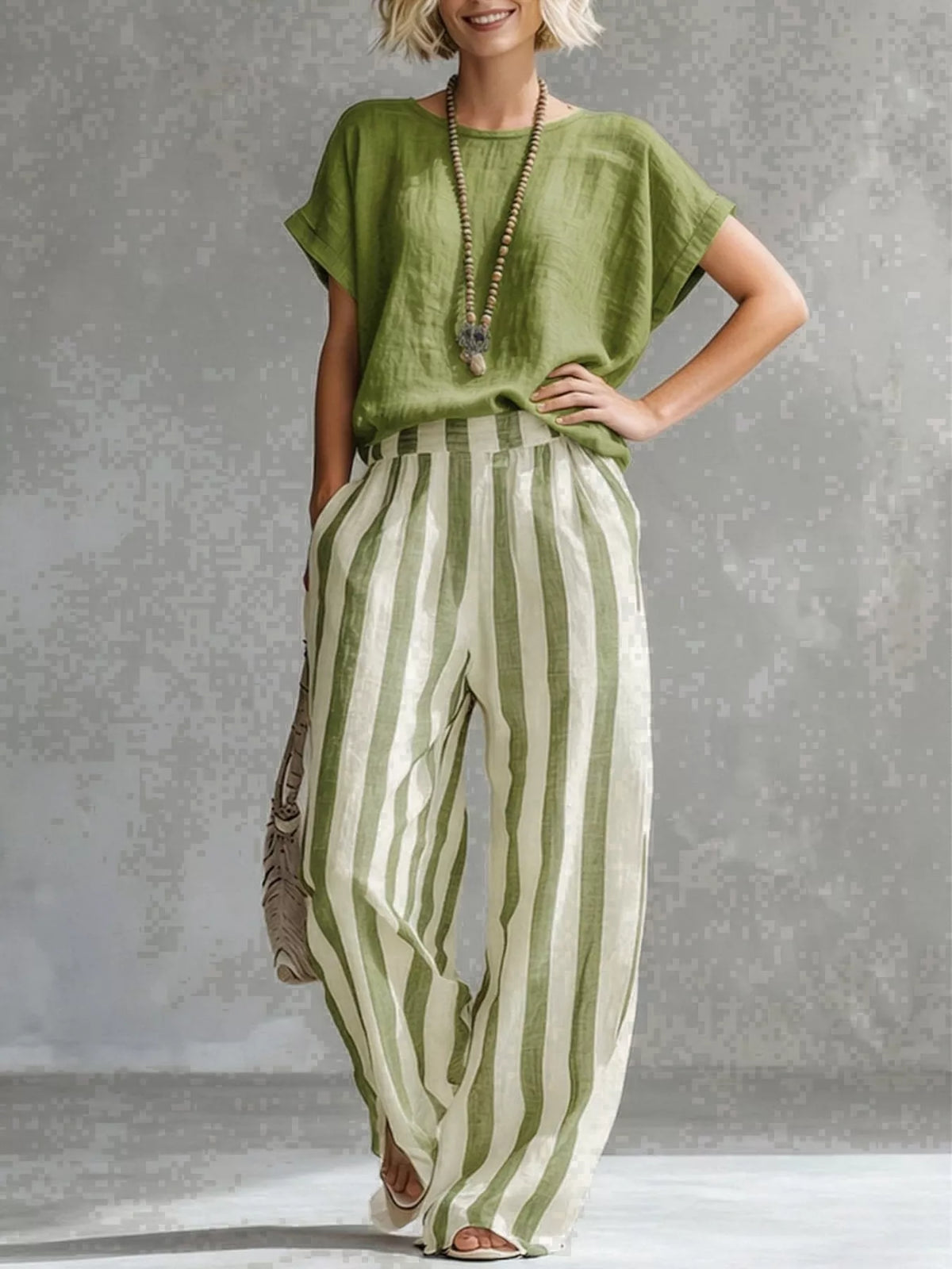 Green short-sleeve top with loose wide-leg pants in vertical green-and-white stripes