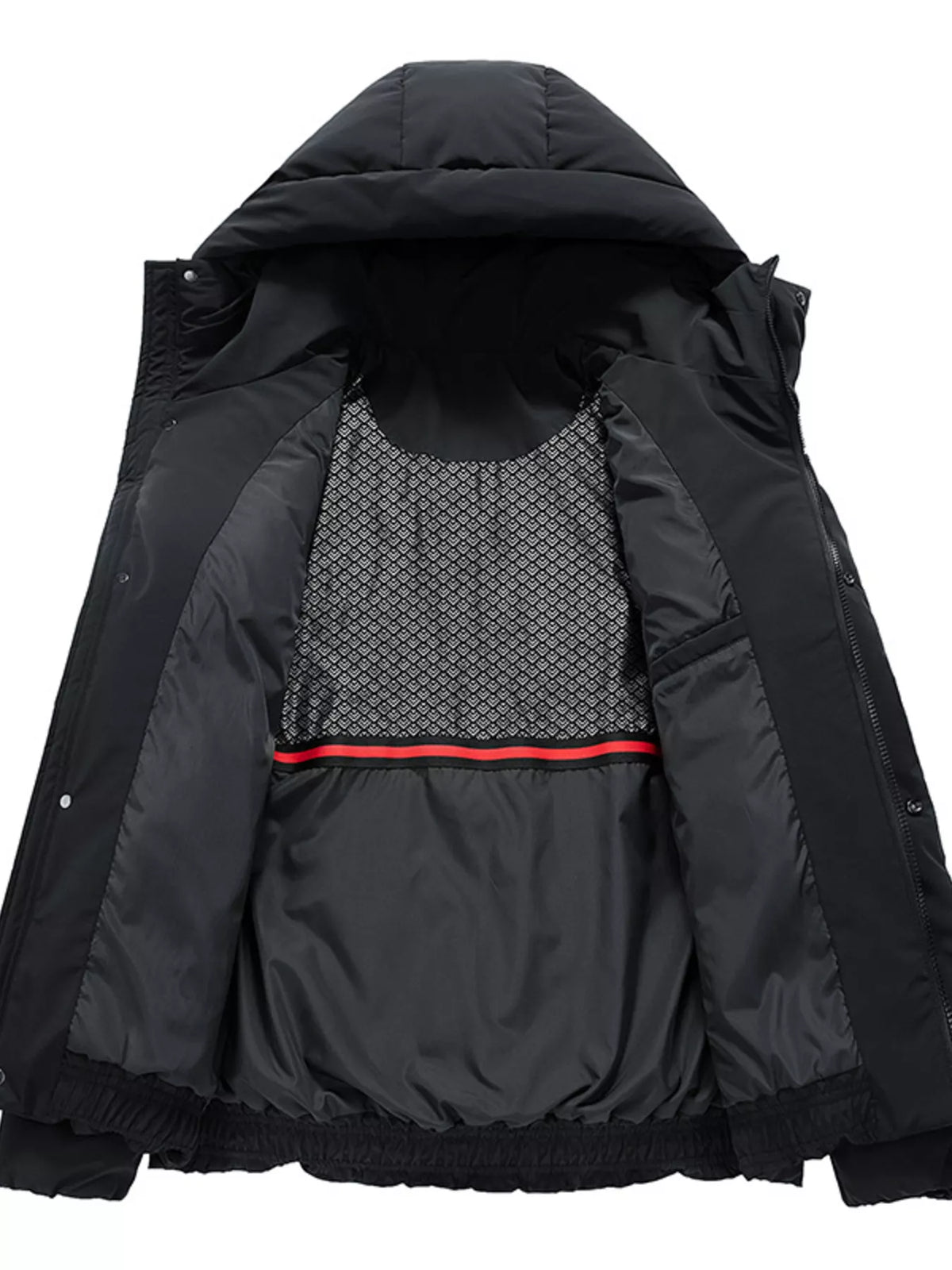 Black zip-up hooded puffer jacket, open front with red-trim inner panel