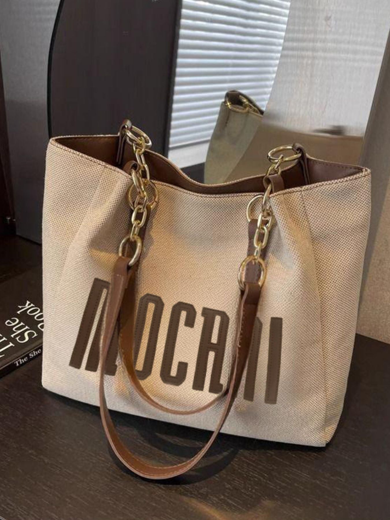 Letter Canvas Shoulder Bag beige canvas tote with brown leather handles and gold chain hardware, medium by Trendsi