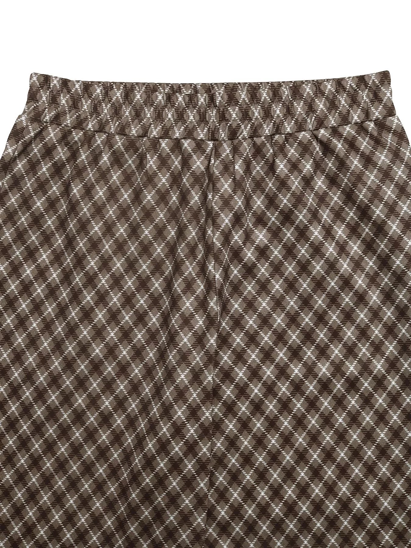 Brown plaid waistband with diamond check pattern and relaxed wide-leg cut