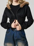 Black fuzzy-trim hooded zip-up jacket with long sleeves and front zipper, side pockets.