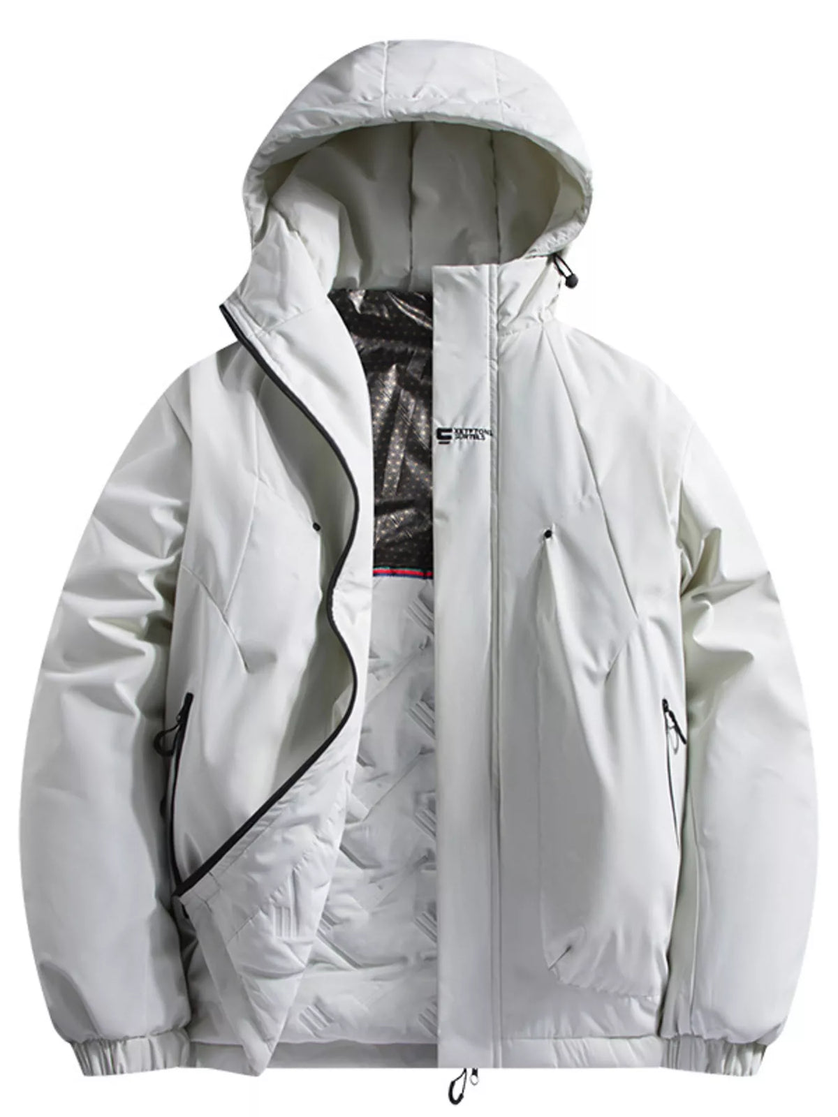 White hooded padded winter jacket with full-zip and side pockets