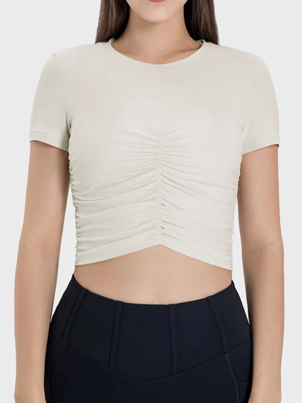 White ruched round-neck active t-shirt with short sleeves