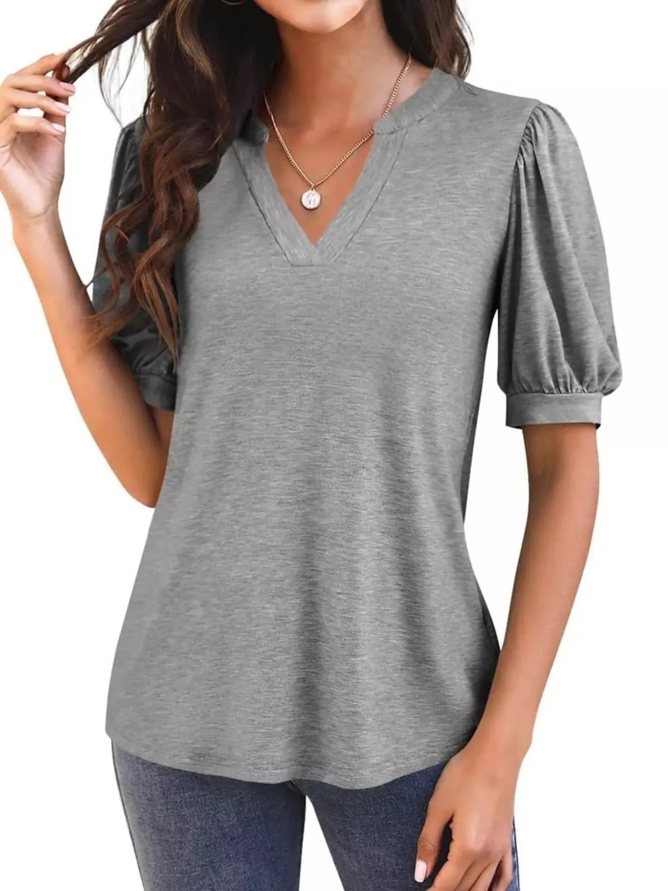 Cedar & Moore Puff Sleeve Notched Casual T-Shirt in gray knit with V-neck