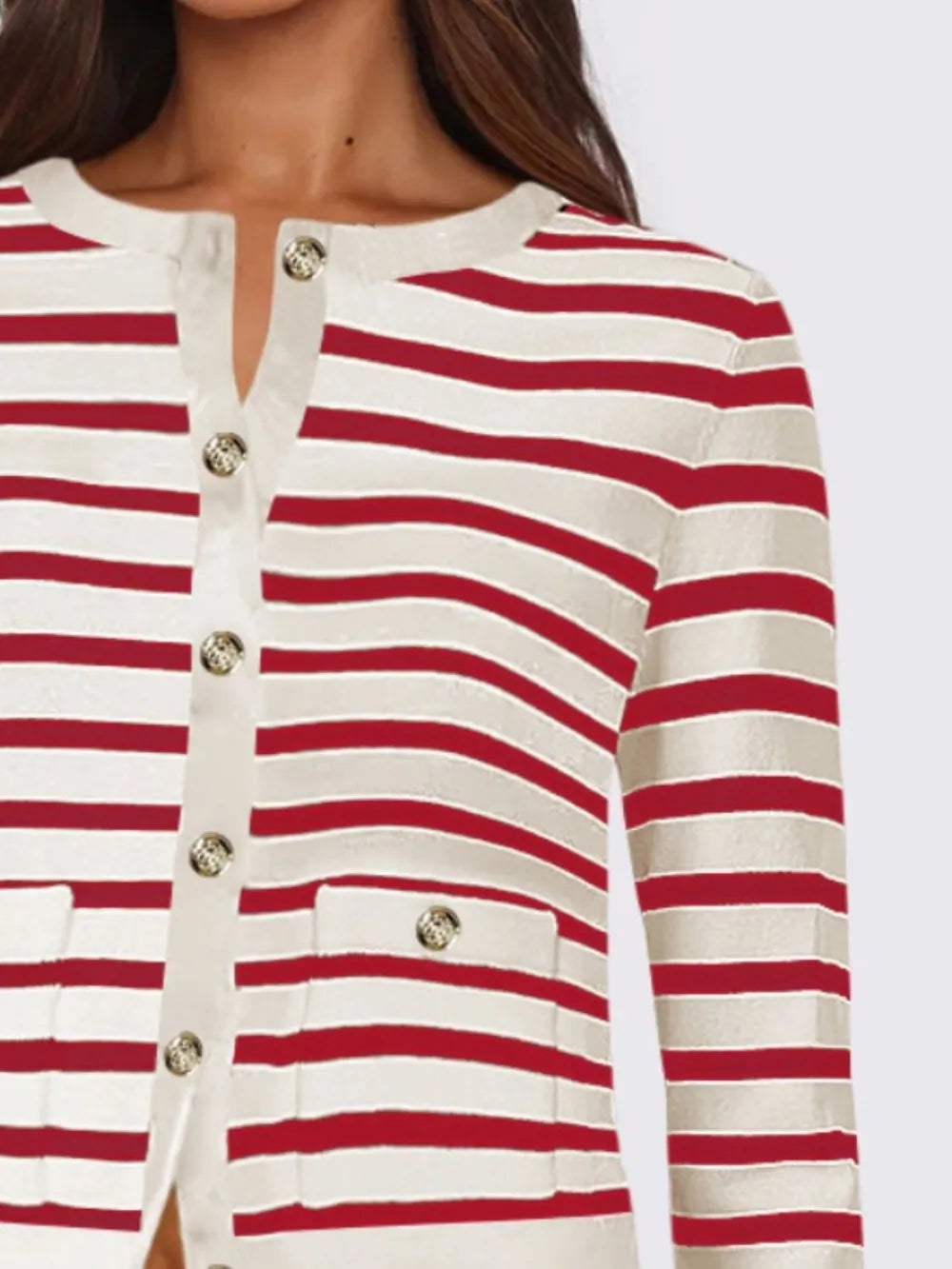 Striped round-neck cardigan front with gold buttons, long sleeves, red-and-white horizontal stripes