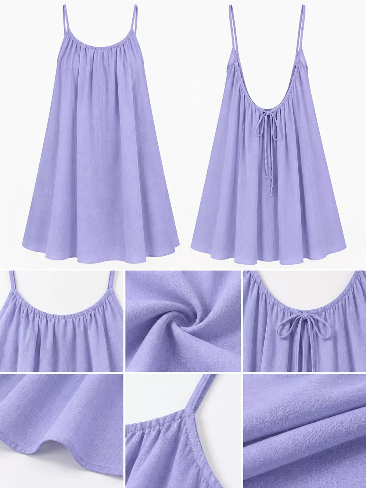 Lavender ruched mini dress with spaghetti straps and tie-back detail; fabric close-up