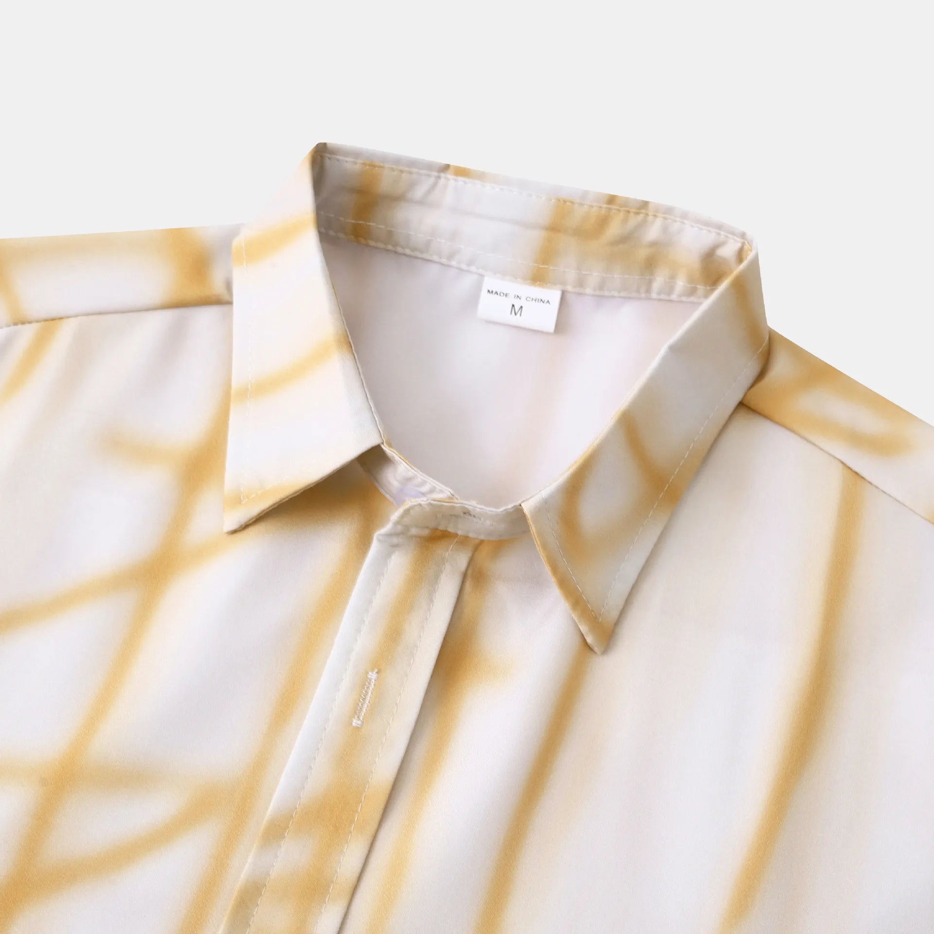 Men's plus size short-sleeve shirt collar, light cream with gold abstract line print