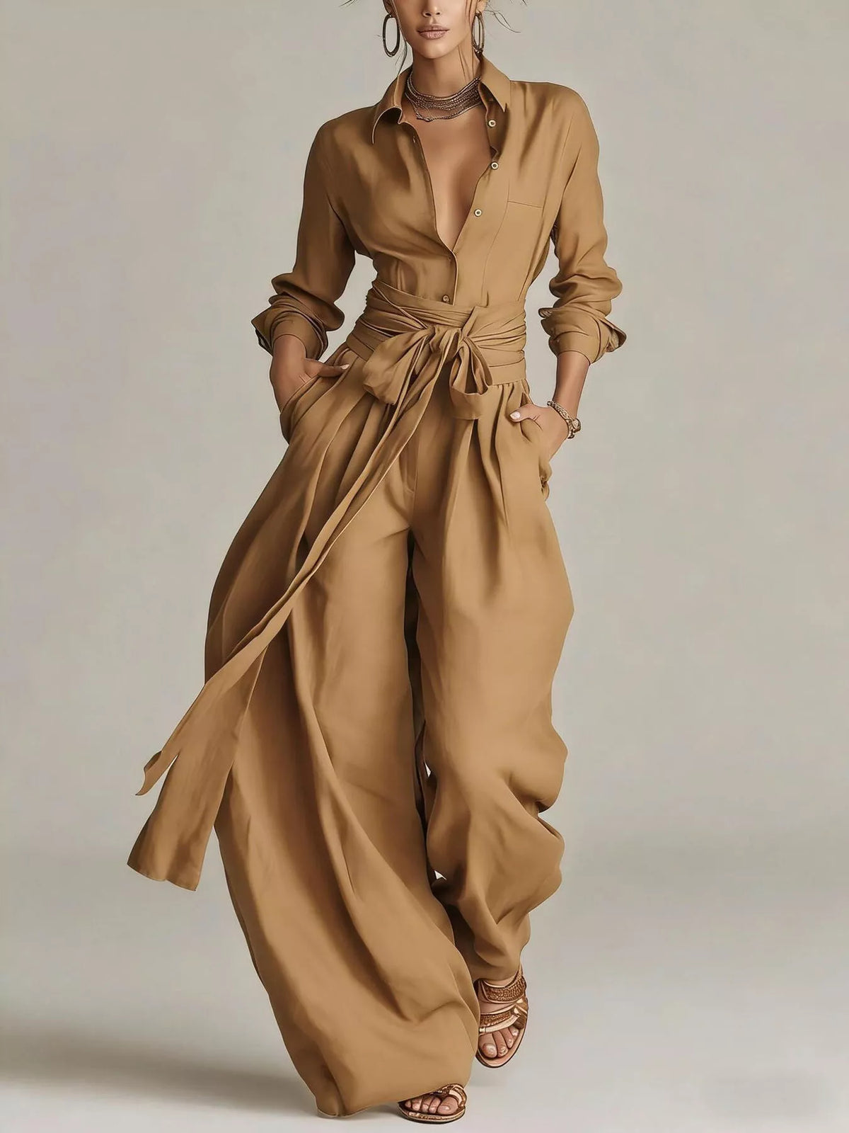 Women's long-sleeve button-down jumpsuit, brown with waist tie and open collar