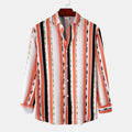 Men's striped long-sleeve button-up shirt, red multicolor vertical stripes, front view