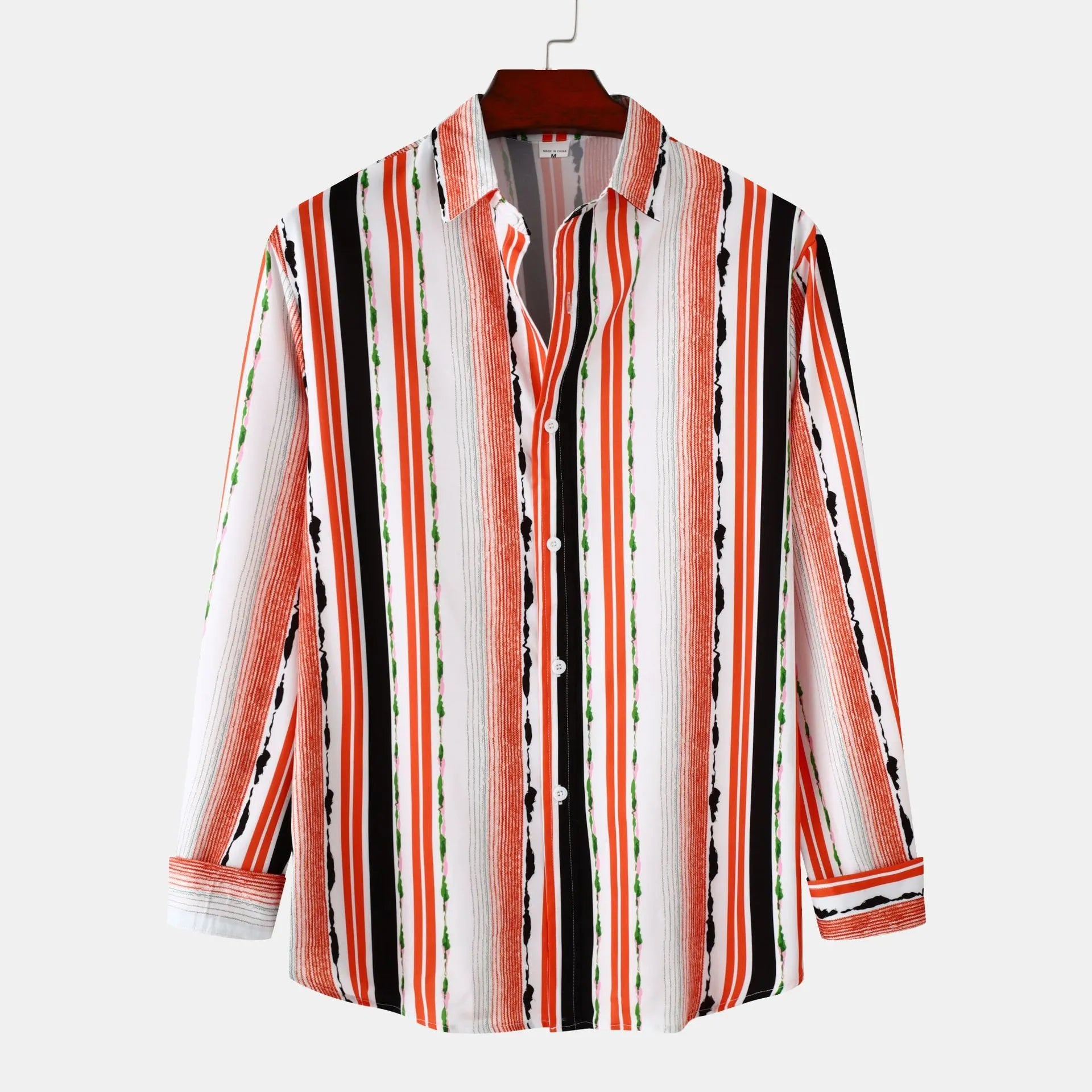 Men's striped long-sleeve button-up shirt, red multicolor vertical stripes, front view