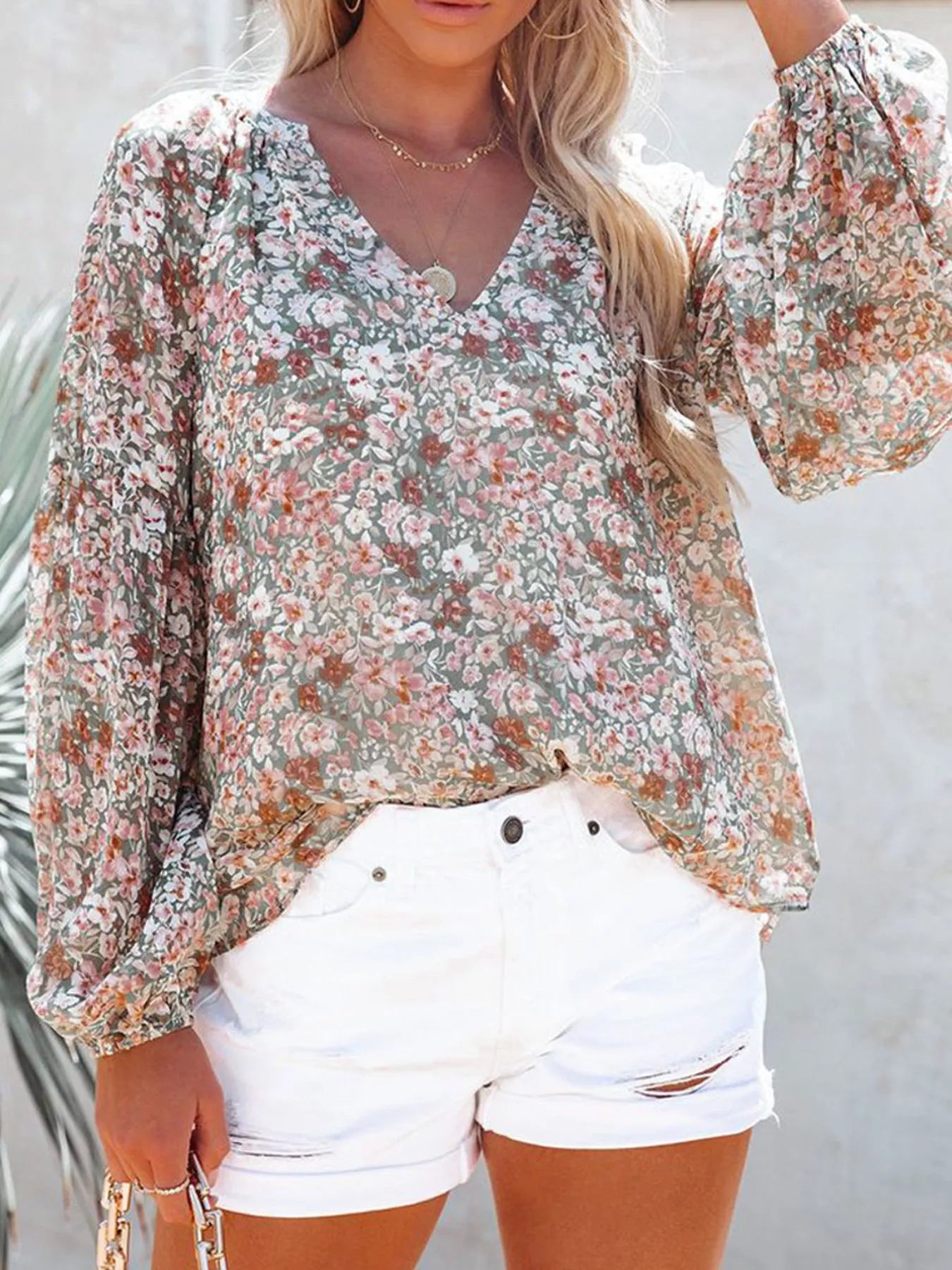 Cedar & Moore floral print V-neck long-sleeve blouse, plus size, green with pink flowers, Trendsi